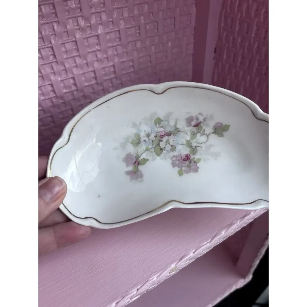 Antique Bone Crescent Salad Sauce Side Dish Bone Plate USA Pink Blossoms Vintage